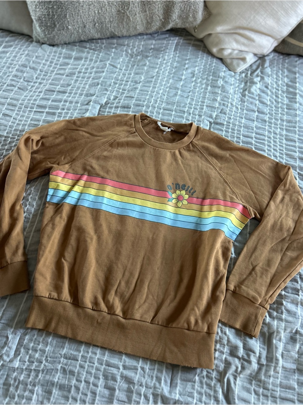 O'Neill Brown Crewneck Sweater with Retro Stripe Flower Accent